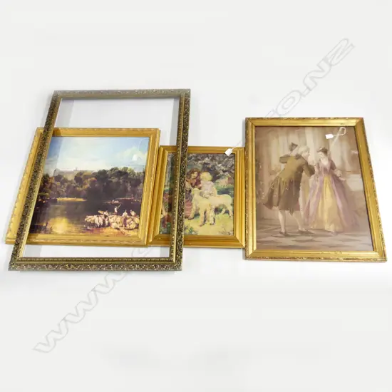 LG EMPTY FRAME + 3 PRINTS; FRENCH COUPLE IN 18thC COSTUME 670x505mm, TURNER LANDSCAPE, MOTHER & CHILD FEEDING LAMB