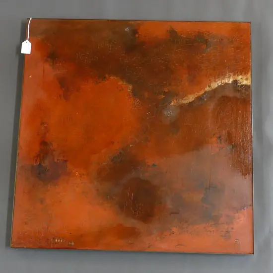 MARGARET WOOLLEY RED ABSTRACT OIL 1972 615x615mm