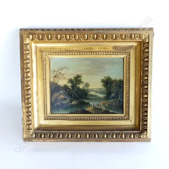 ARTIST UNKNOWN ANTIQUE 18/19thC LANDSCAPE OIL ON CANVAS - GILT FRAME 210x275mm