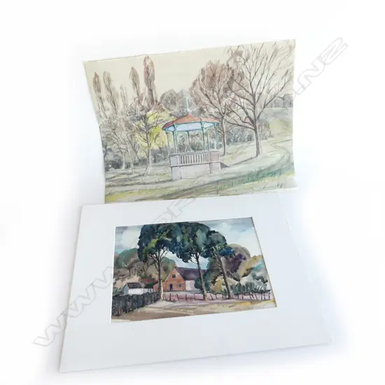 2 GEOFF FAIRBURN WATERCOLOURS. Band rotunda & Farm building signed 1942.  395 x 510mm largest. Unframed