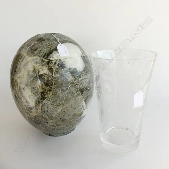 HEAVY STONE WARE VASE + CHRISTOFLE ETCHED VASE FAULT TO TOP ETCHED MARK H 250 MM