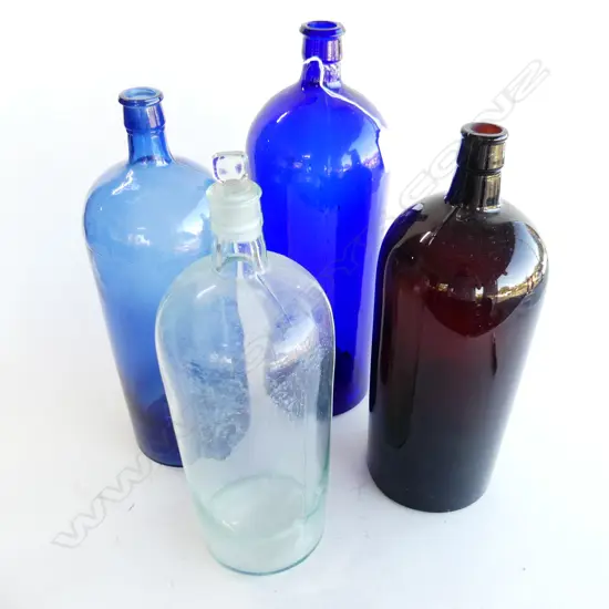 4 LARGE VINTAGE GLASS BOTTLES; 2 BLUE (H.400 & 370MM) 1 AMBER (H360MM) & 1 LIGHT GREEN /BLUE WITH STOPPER (H370MM)