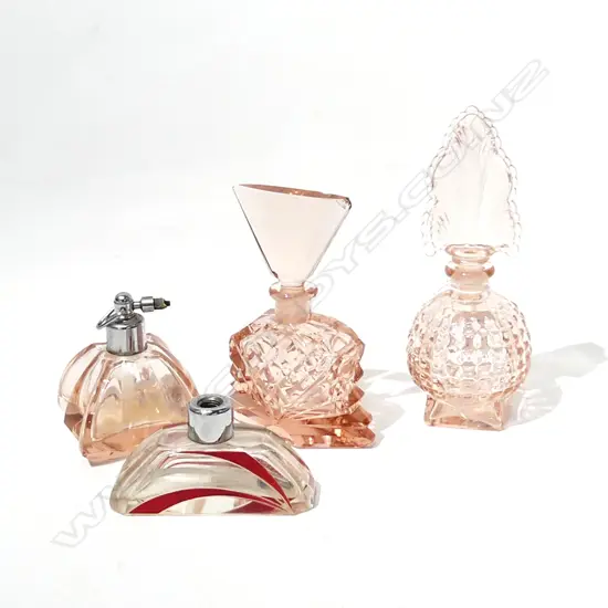 4 VINTAGE DECO PERFUME BOTTLES; 3x PINK GLASS H.165mm (chips)