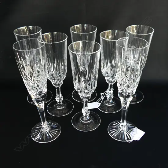 8 CUT CRYSTAL CHAMPAGNE FLUTES - SET 6 + 2 WITH ETCHED HUMMINGBIRDS