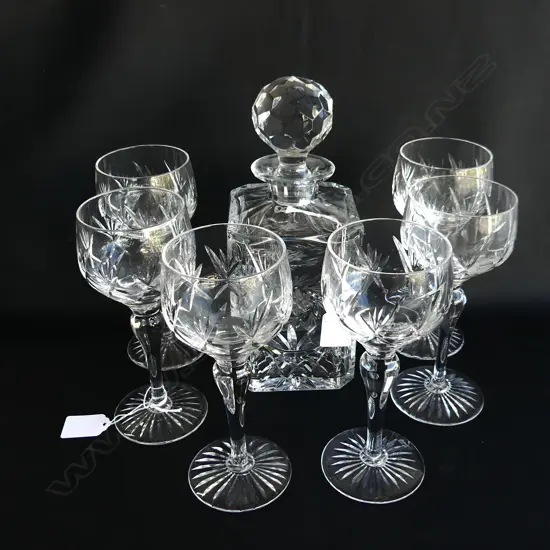 SET 6 STUART CUT CRYSTAL HOCK WINE GLASSES (H. 178MM) + HEAVY CUT CRYSTAL DECANTER (H. 260MM)