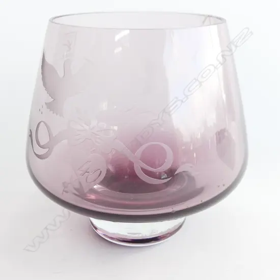 CAITHNESS AUBERGINE GLASS VASE  ETCHED WITH DOVES & '40'  - WITH ORIGINAL STICKER & ETCHED AT BASE  H. 140MM