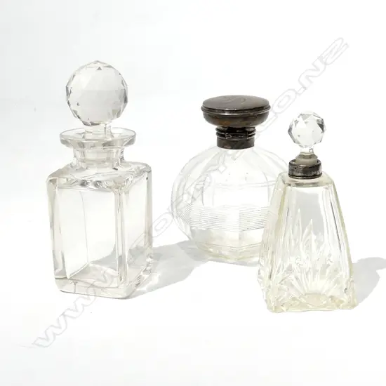 3 ANTIQUE CRYSTAL BOTTLES; ONE w. STG CAP H.160mm (chips)
