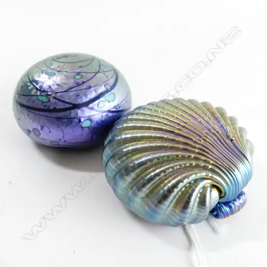 2 HEANEY ART GLASS PAPERWEIGHTS; SHELL & BALL. SIGNED 70mm dia