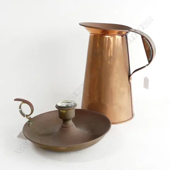 COPPER 1 GALLON PITCHER H280MM & BRASS NIGHT CANDLESTICK W250MM