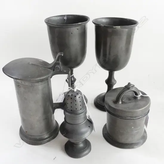 2 ANTIQUE PEWTER GOBLETS H220MM LIDDED JUG LIDDED JAR H160MM & SUGAR CASTER