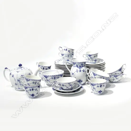 13 ASST. ROYAL COPENHAGEN TRIOS + TEAPOT (AF), JUG & SUGARBOWL  - some chips / hairlines