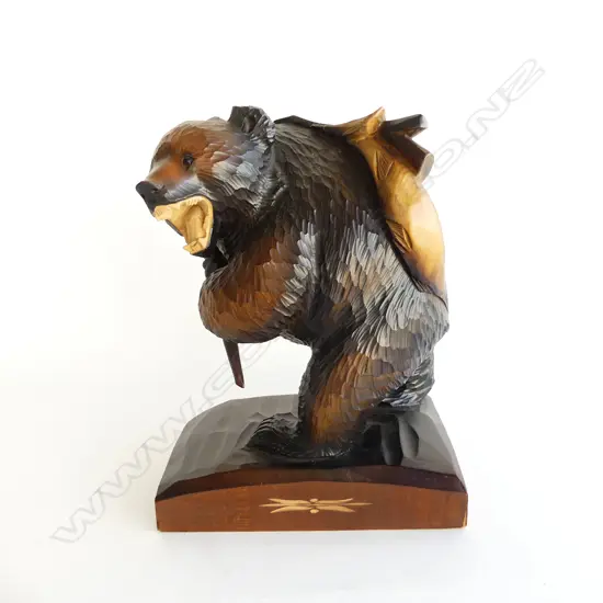 VINTAGE JAPANESE CARVED WOODEN AINU BEAR standing w salmon H.300mm