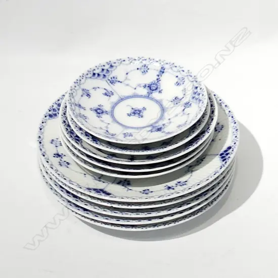 10 PCES ROYAL COPENHAGEN BLUE LACE; 5 SIDE PLATES 195mm dia, 5 SAUCERS