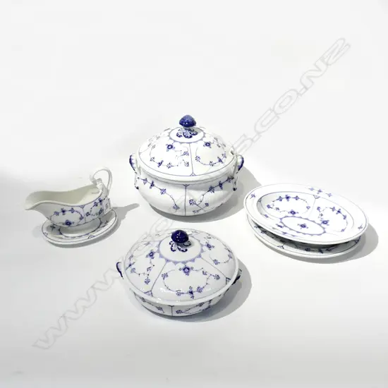 2 ROYAL COPENHAGEN LIDDED TUREENS - 1 w. small chip to handle + SAUCE BOAT & 2 OVAL DISHES