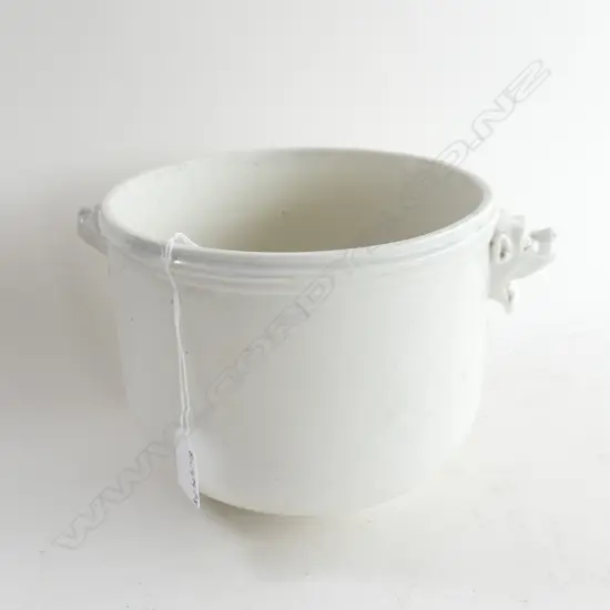ANTIQUE WHITE PORCELAIN CHAMPAGNE BUCKET / JARDINERE w. OPEN MOUTHED DOG HANDLES H.160mm / 200mm dia