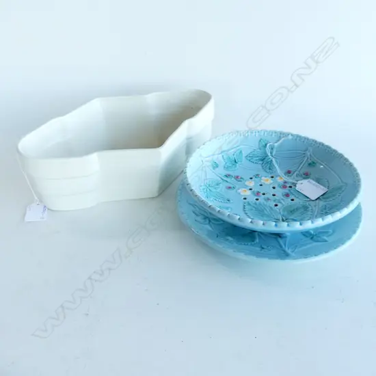 WHITE POTTERY VASE & WEST GERMAN STRAWBERRY PATTERN STRAINER & UNDER PLATE 