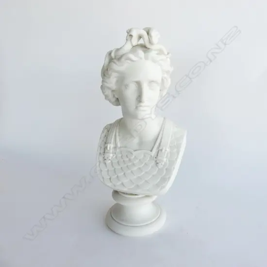 PARIAN WARE BUST - CLASSICAL WOMAN WITH SNAKE TIARA & SCALE ARMOUR H.305mm