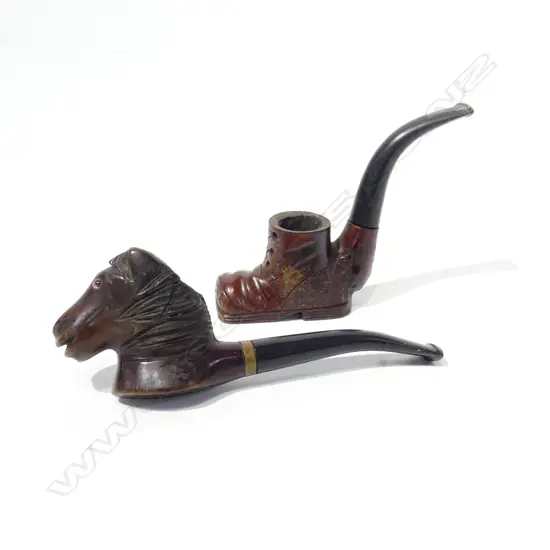 TWO BRIAR SMOKER'S PIPES - CARVED HORSE & CARVED BOOT 