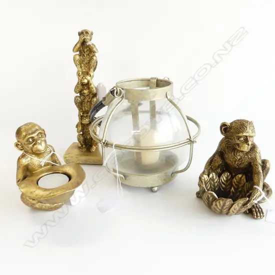 3 GOLD PAINTED MONKEY FIGURES + GLASS CANDLE LANTERN