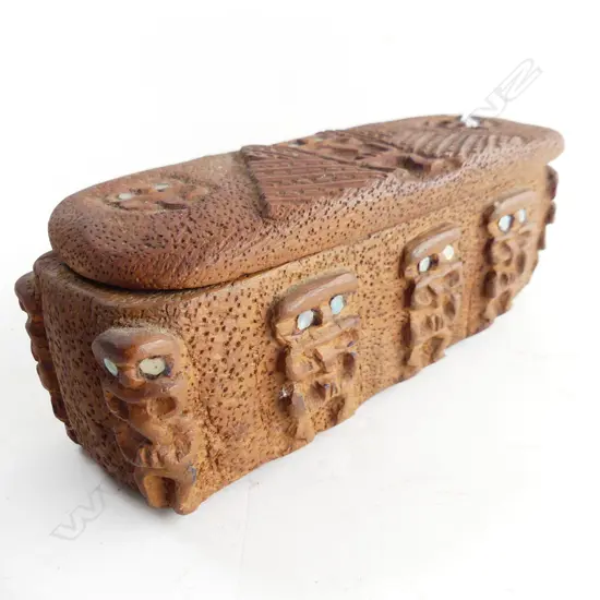 CARVED FOLK ART MAORI TIKI FEATHER BOX L240MM