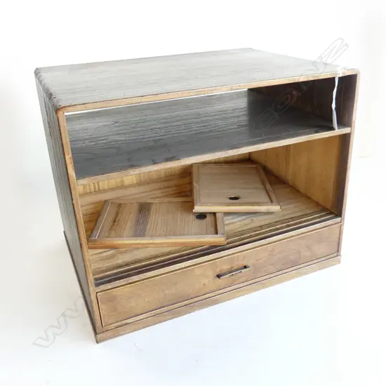 JAPANESE VINTAGE BEDSIDE / COLLECTORS CHEST pr drs 1 drw fine circular panel cut-out sides 425x315x330mm.