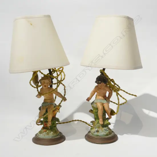 PR L. & F. MOREAU PAINTED METAL CHERUB LAMPS H.380mm