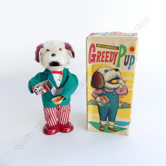 1950'S TINPLATE WIND UP MECHANICAL 'GREEDY PUP' TOY IN BOX BY ALPS JAPAN