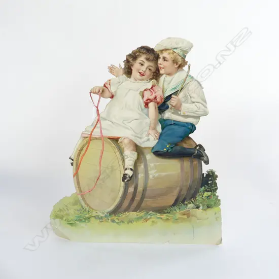 VICTORIAN DIE CUT EMBOSSED CARD STANDING DISPLAYING CHILDREN ON WINE BARREL L 380MM