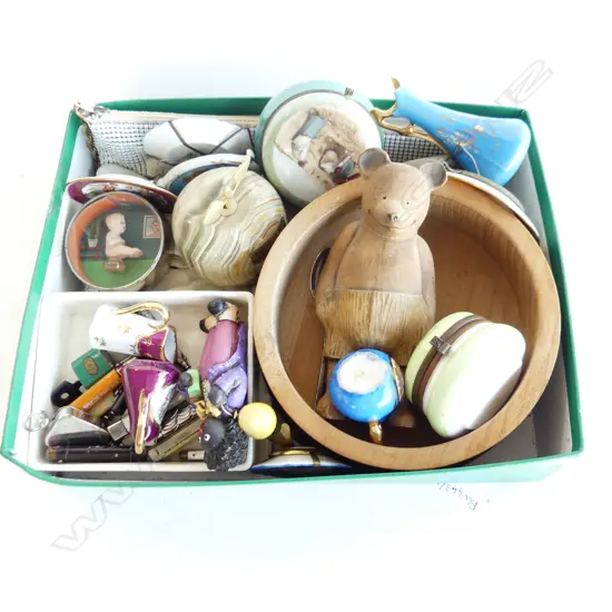 BOX LOT ASST.; OROTON BAG, WHITE LEATHER GLOVES, LIMOGES, MoP POCKET KNIVES ETC