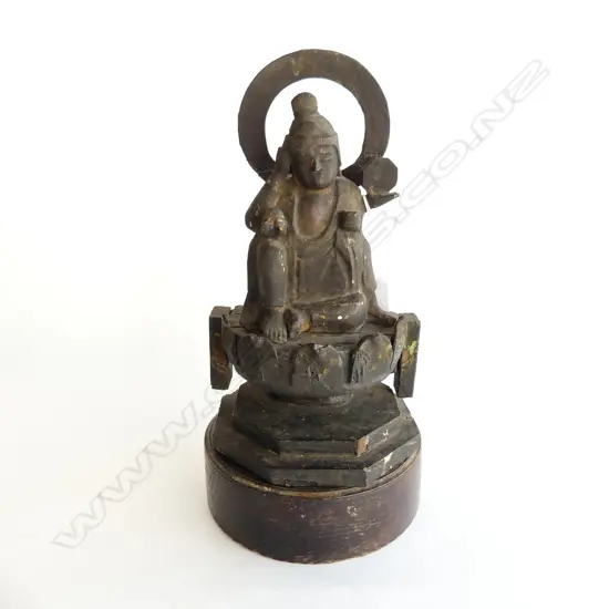 ANTIQUE ORIENTAL SEATED BUDDHA ON THRONE ebonised carved wood H.360mm some borer