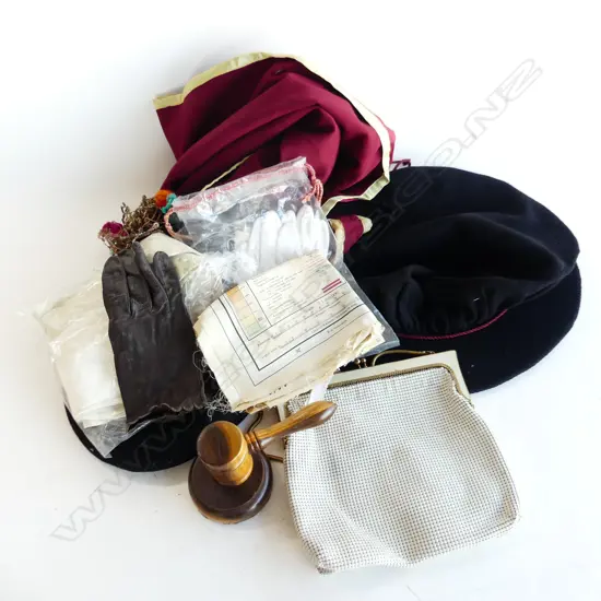 BOX ASST INCL MASTERS CAPE & HAT (?) BERET, LEATHER GLOVES ETC..