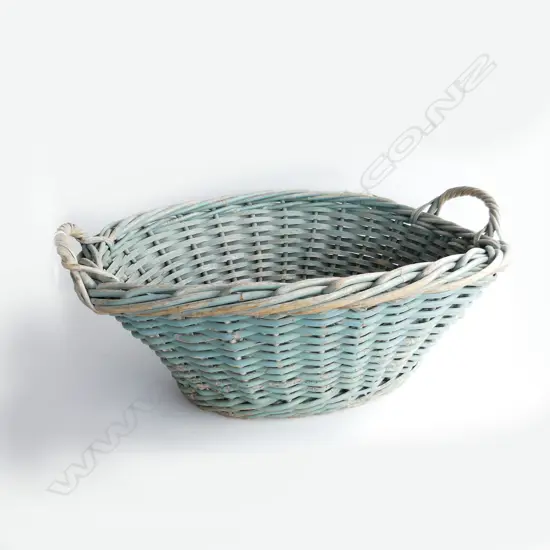 ANTIQUE WICKER WOVEN WILLOW LAUNDRY BASKET IN FRENCH BLUE 