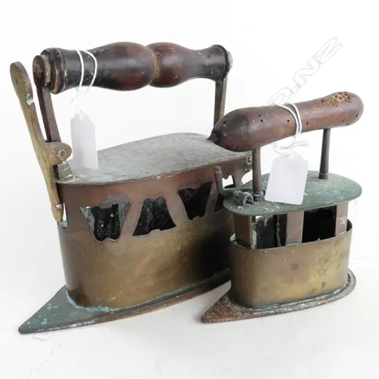 2 ANTIQUE BRASS CHARCOAL IRONS LARGEST L200MM