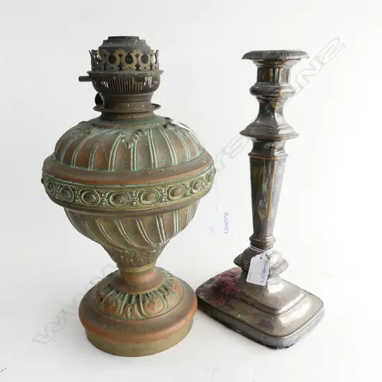 BRASS TABLE KERO LAMP NO FUNNEL H340MM & SHEFFILD PLATE CANDLSTICK 