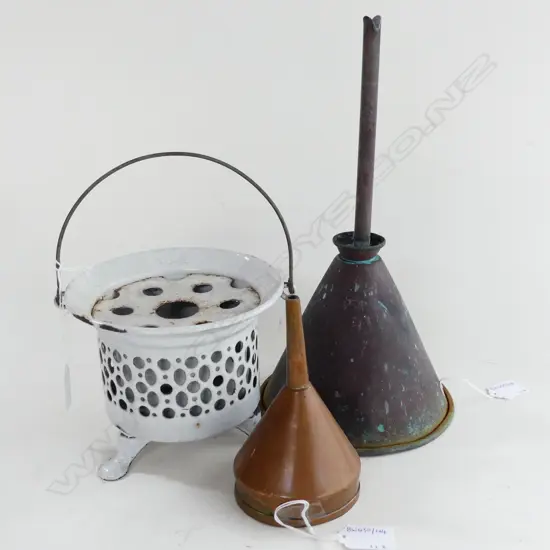WHITE ENAMAL SOAP DISH & 2 COPPER FUNNELS LARGEST 310MM