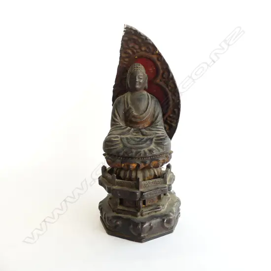 ANTIQUE EBONISED SEATED ORIENTAL BUDDHA on multi tiered throne & arched cover H.400mm