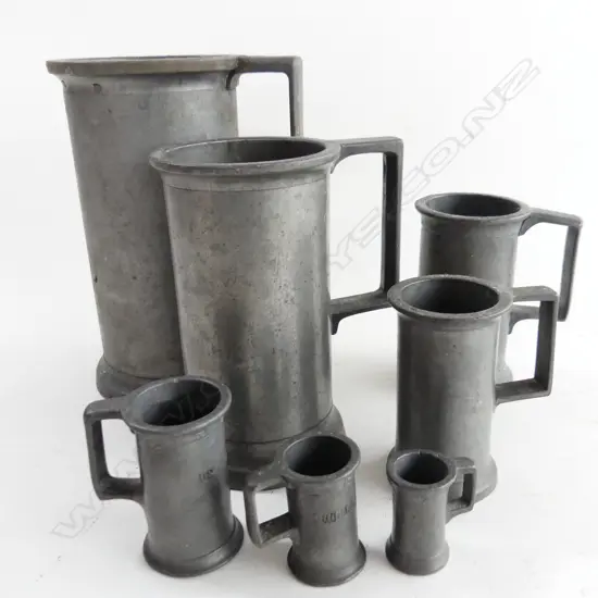 SET OF 7 DUTCH PEWTER DRINKS MEASURES LARGEST H180MM