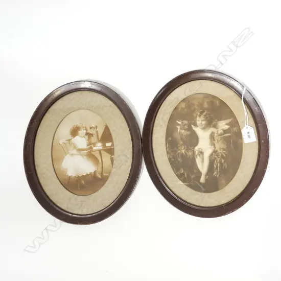 PR ANTIQUE OVAL TIN FRAMED B/W PHOTO PRINTS; CUPID & GIRL ON TELEPHONE C.1900 H310MM