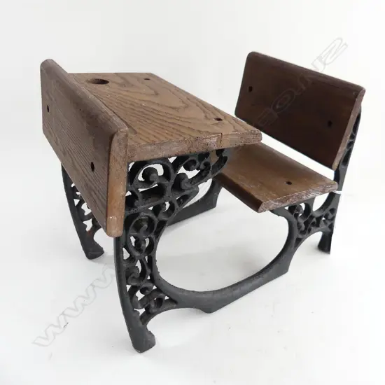 CAST IRON & OAK DOLLS HOUSE SCHOOL DESK H240 L280MM 