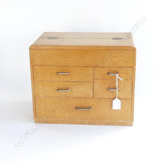 ART DECO EXOTIC PALE TIMBER SEWING BOX multi drawers & compartments W.320mm.