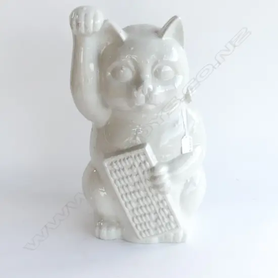 ORIENTAL LGE LUCKY CAT SCULPTURE with abacus WHITE GLAZE H.475mm