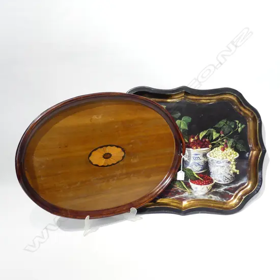 2 LG TRAYS, OVAL INLAID MAHOGANY & TIN TRAY w. BERRIES 440x560mm