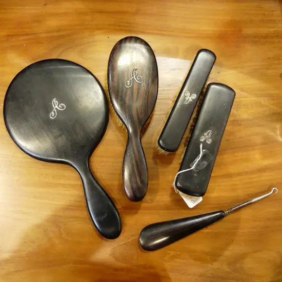 5 PCE EBONY & STG DRESSING SET; 3 BRUSHES, MIRROR & BUTTON HOOK / SHOE HORN