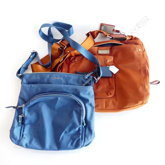 2 TUMI TRAVEL BAGS; BLUE & BURNT ORANGE