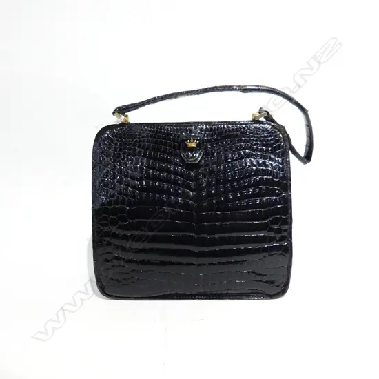 VINTAGE BLACK CROCODILE JEAN PAX PARIS COUSU MAIN HAND BAG W. 210mm