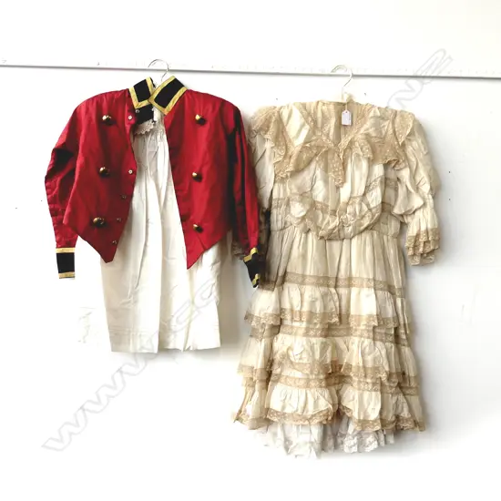 2 ANTIQUE GIRLS DRESSES + 1 BOYS SOLDIER DRUMMER BOY JACKET