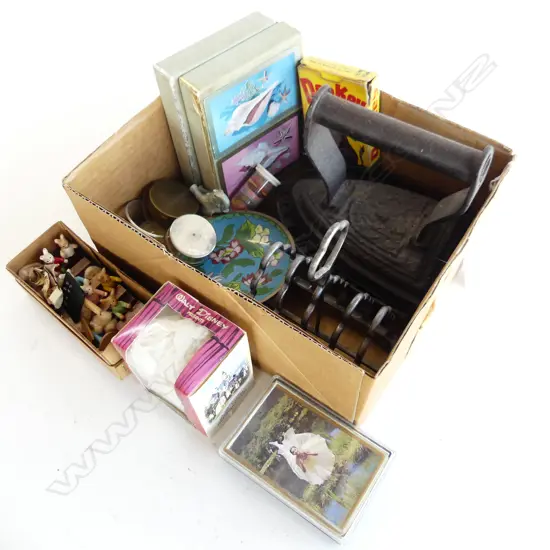 SM BOX MISC INCL CAST IRON IRON, CARDS, CLOISONNE, ETC