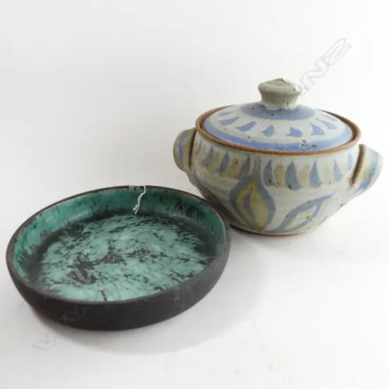 2 PCS STUDIO POTTERY LIDDED CASAROL W230MM & DISH W200MM BY SIMON ENGLHARD