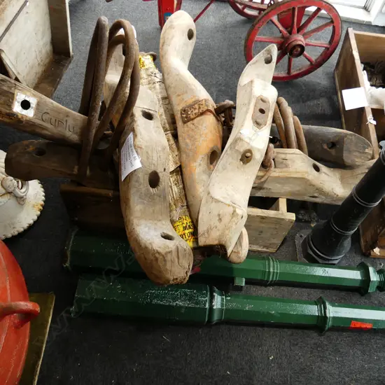 SET 6 OLD HORSE OR OX YOKES 1 carved name 'Curly' L.1350mm approx. ea. W iron hoop fittings