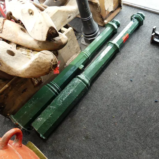 TWO OLD CAST IRON ENTRANCE WAY POSTS painted green L.1750mm